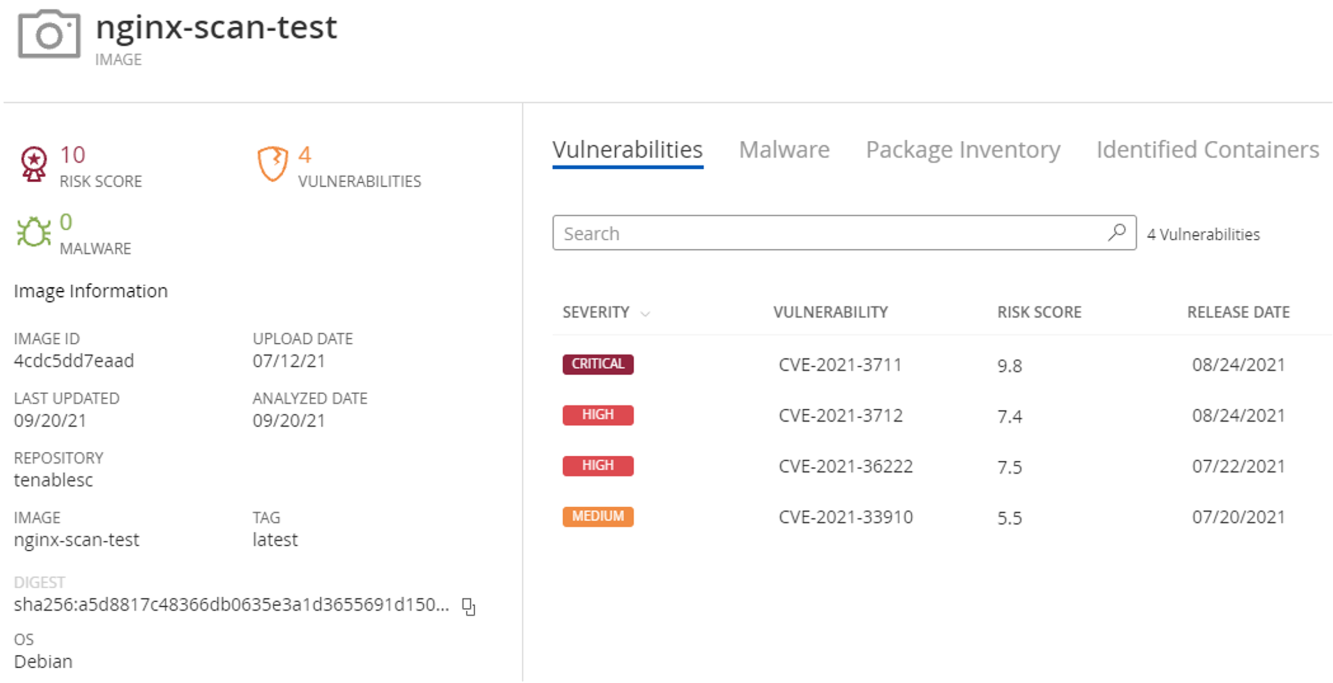 This is a screenshot of container vulnerability information displayed by Tenable.io.