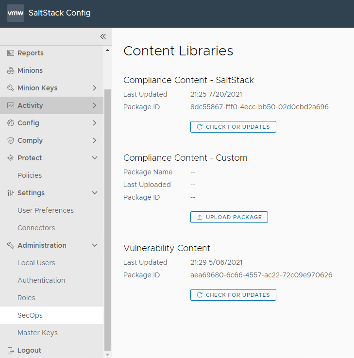 This is a screenshot from the SaltStack web console indicating the location of the "CHECK FOR UPDATES" button.