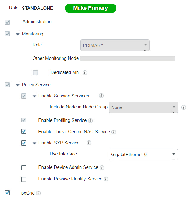 This is a screenshot depicting the options we selected under the General Settings tab for the Cisco ISE deployment node.