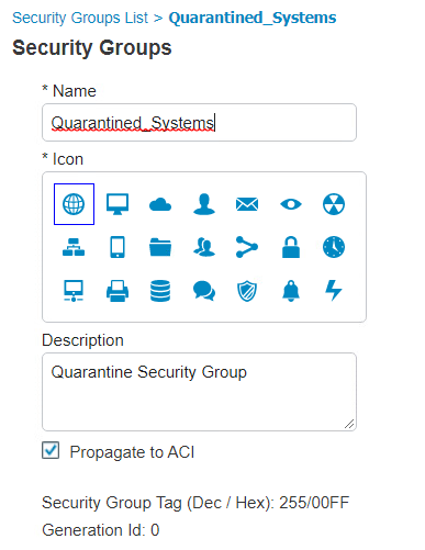 This is a screenshot of the settings we used for adding the Quarantine SGT to Cisco ISE.