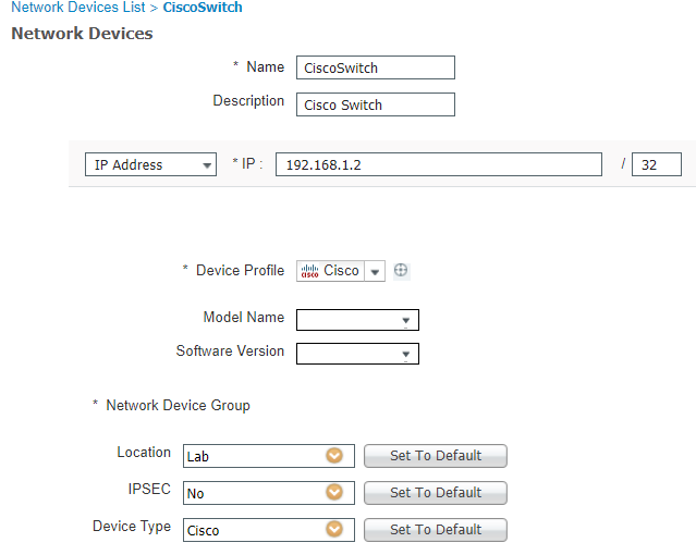 This is a screenshot of the Network Devices settings we used for integrating ISE with the Cisco Catalyst 9300 switch.