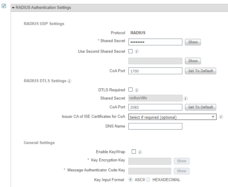 This is a screenshot of the RADIUS Authentication settings we used for integrating ISE with the Cisco Catalyst 9300 switch.