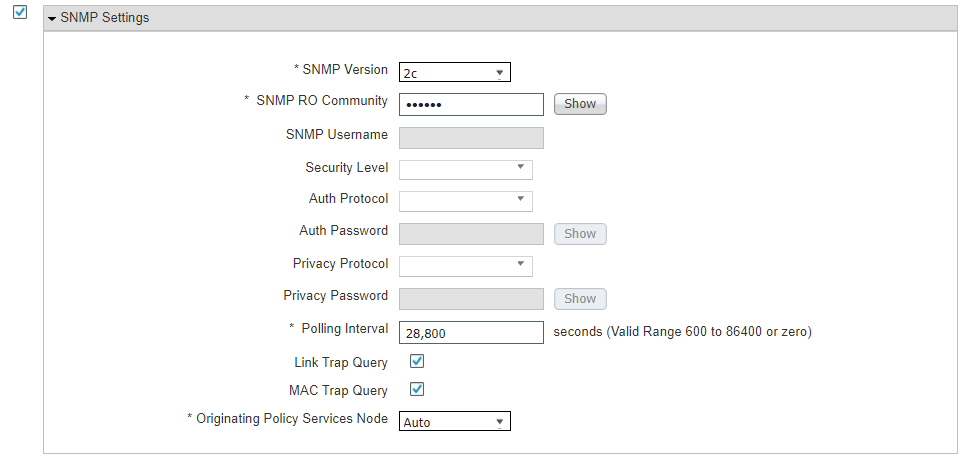 This is a screenshot of the SNMP settings we used for integrating ISE with the Cisco Catalyst 9300 switch.