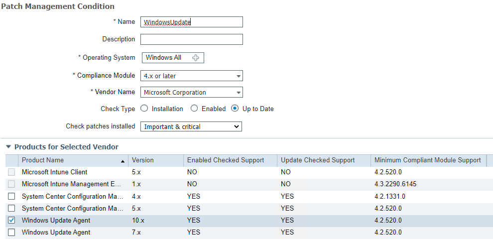 This is a screenshot depicting the configuration we used for the Patch Management Condition.