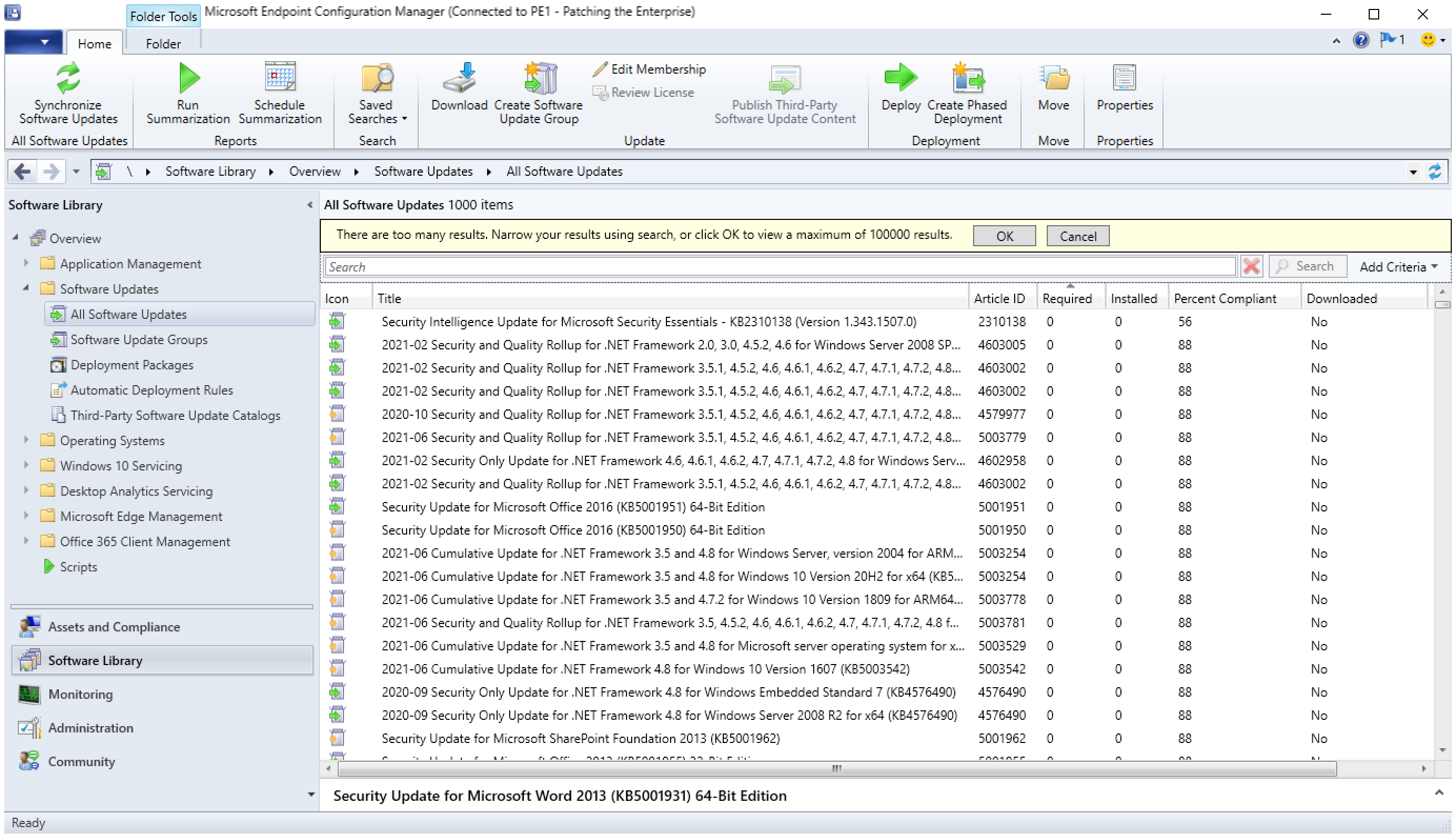 This is a screenshot depicting the All Software Updates View for Microsoft Endpoint Configuration Manager.