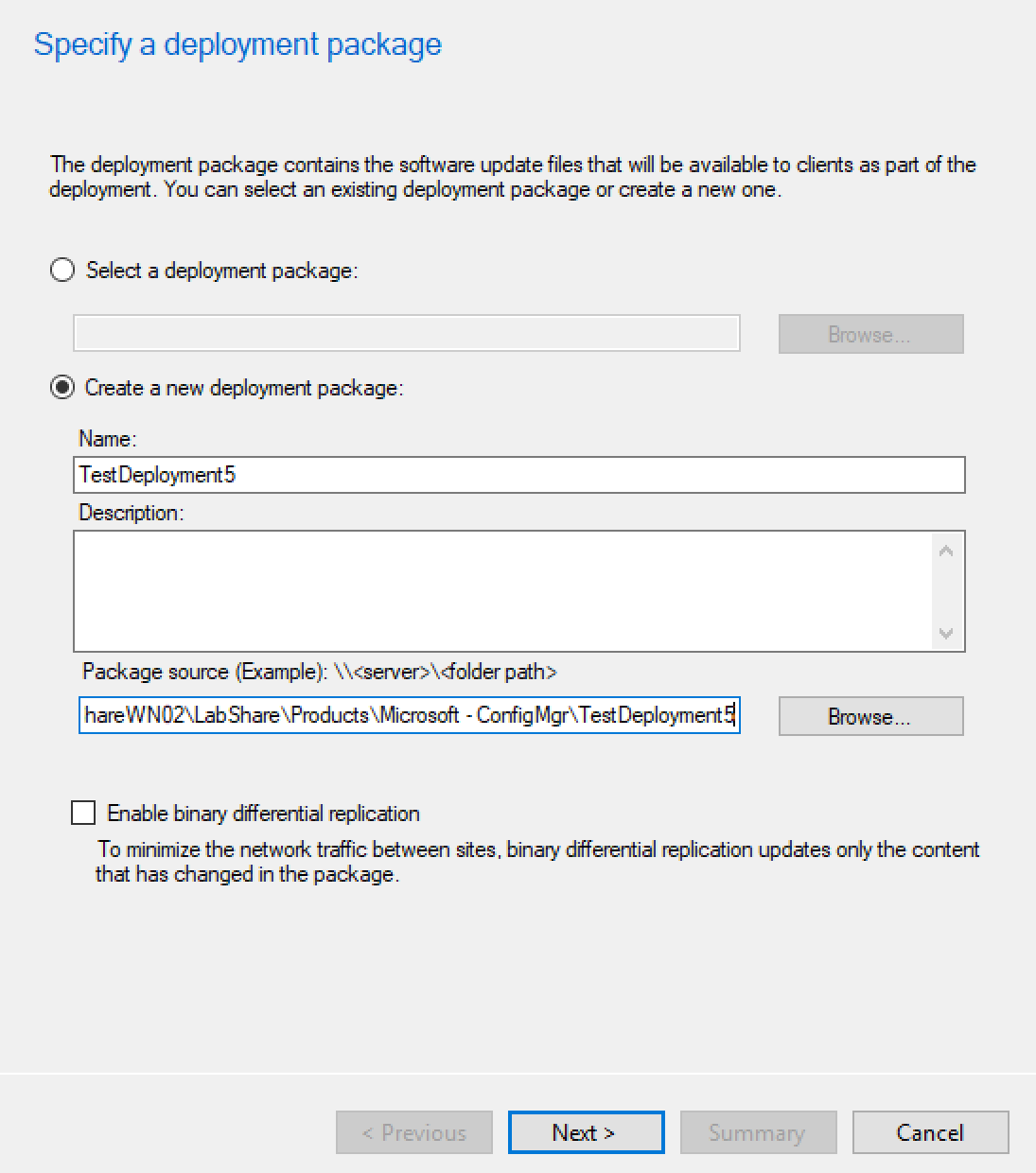 This is a screenshot of how to create a new deployment package with Microsoft Endpoint Configuration Manager.