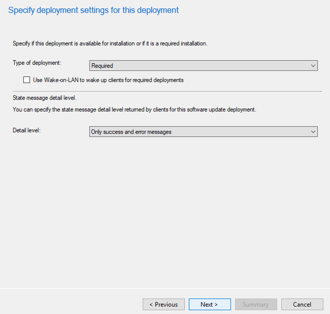 This is a screenshot of settings for an example deployment with Microsoft Endpoint Configuration Manager.