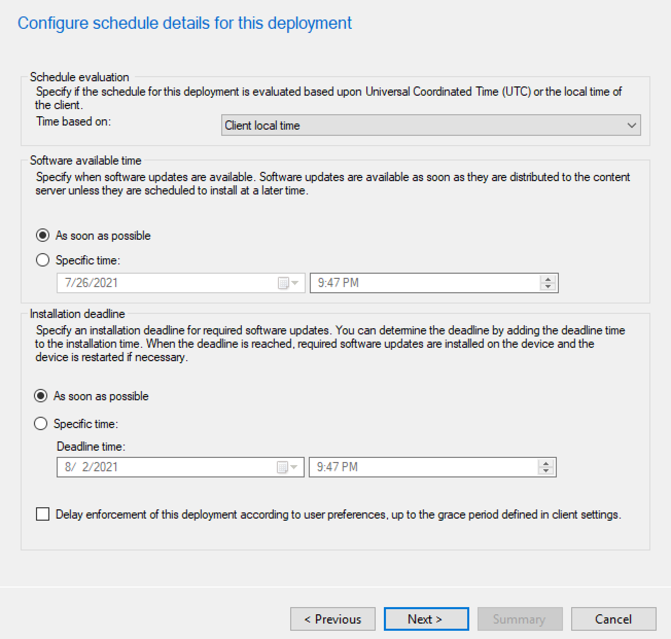 This is a screenshot of schedule details for an example deployment with Microsoft Endpoint Configuration Manager.