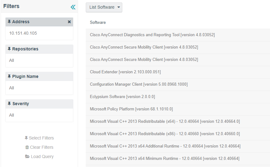This is a screenshot of a filter showing all of the software that is currently running and discovered on a machine.