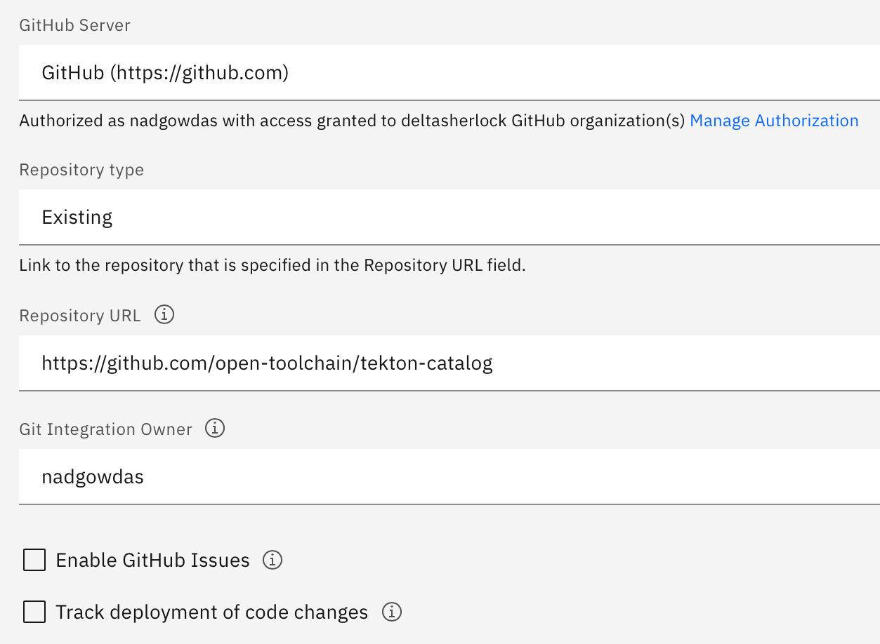 This is a screenshot depicting the configuration we used to add Github to the toolchain.