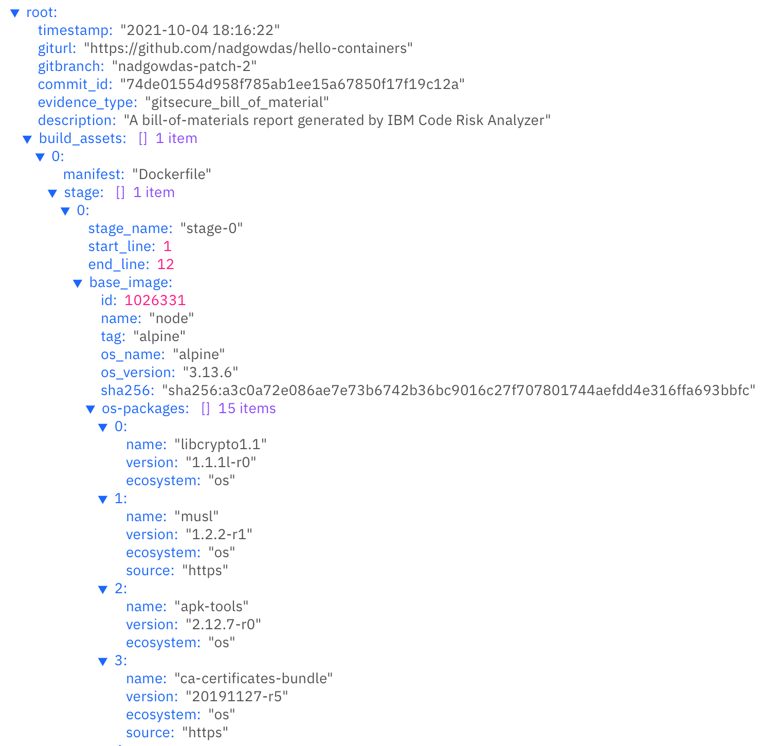 This is a screenshot of part of a bill of materials example generated by IBM Code Risk Analyzer.