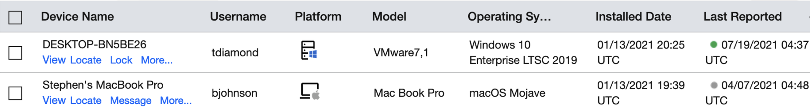 This is a screenshot showing a sample of devices in our lab enrolled in IBM MaaS360.
