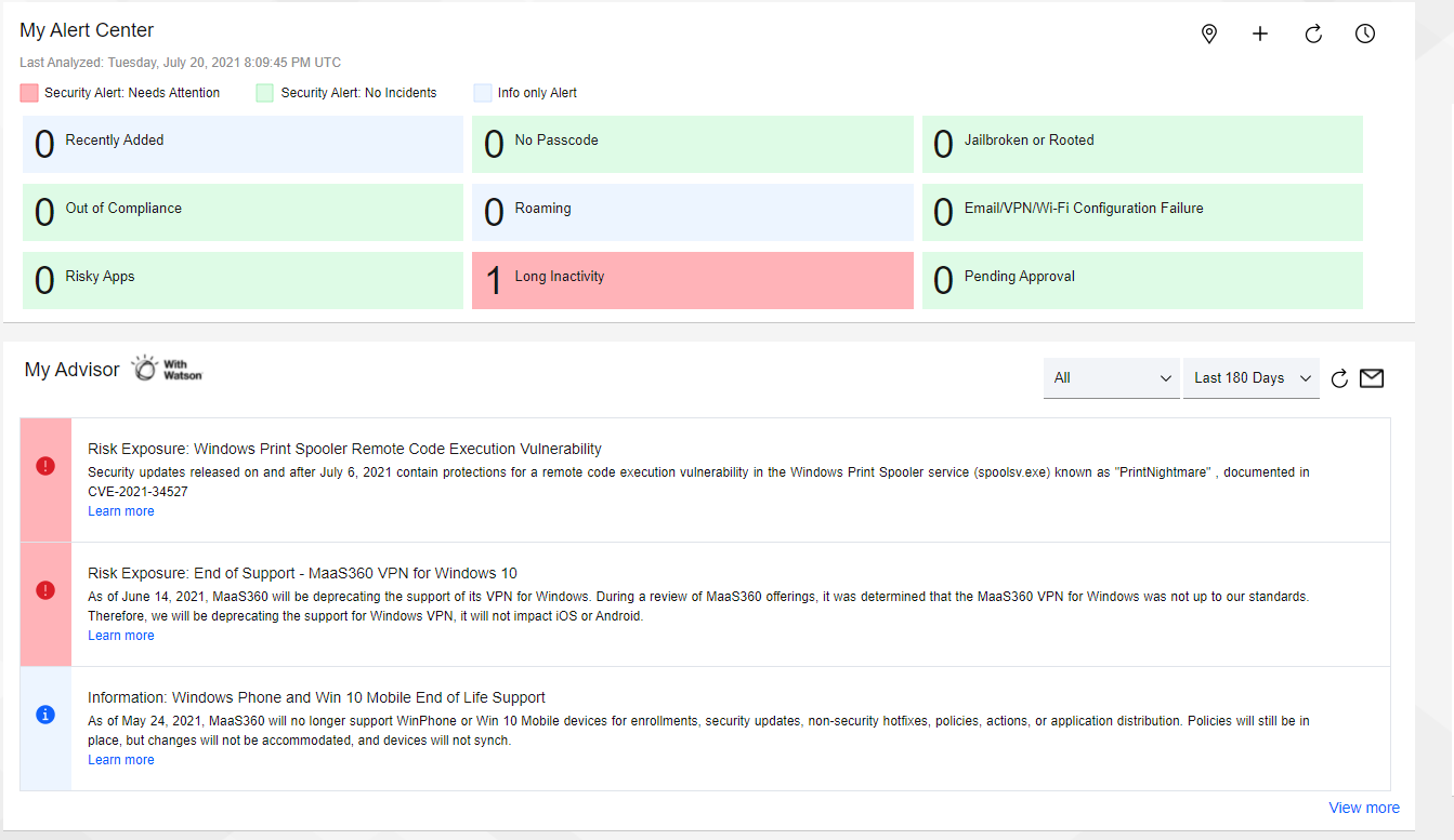 This is a screenshot of an example of the IBM MaaS360 portal home page.