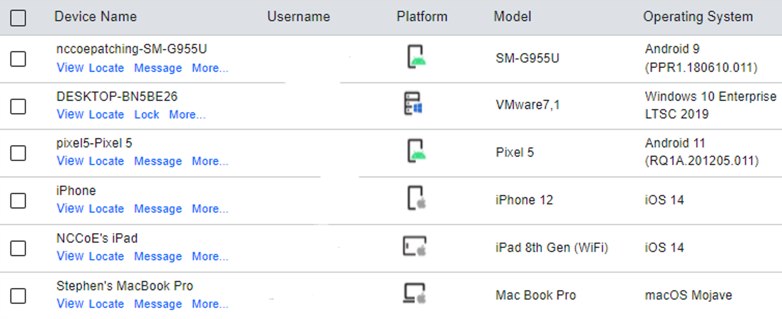 This is a screenshot of the connected devices in the patching instance with the operating systems that were detected.