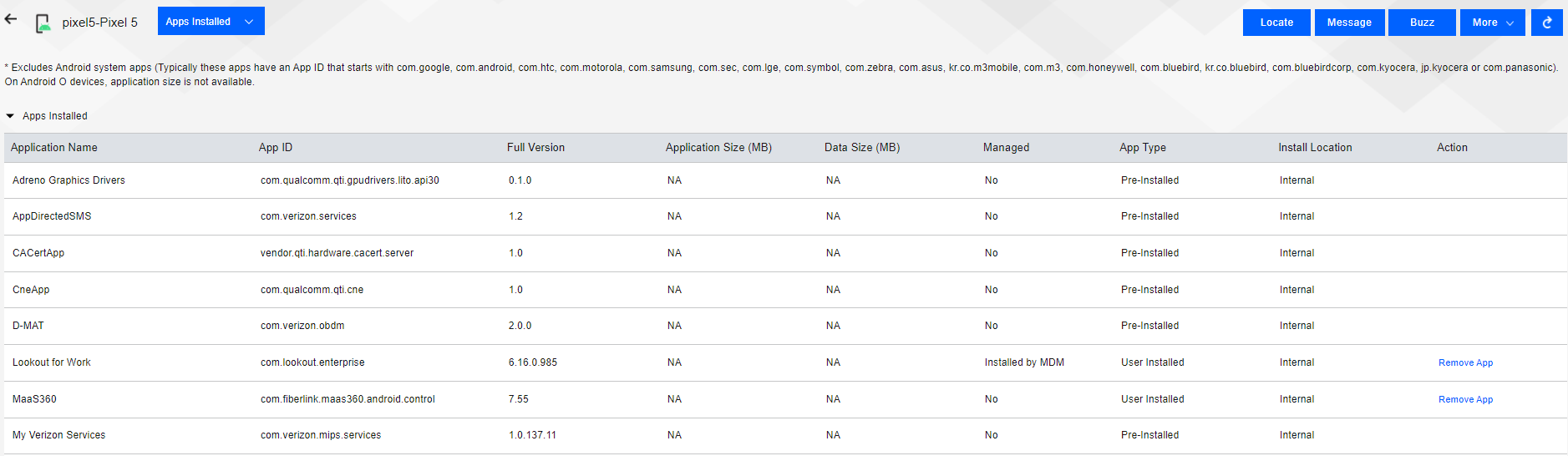 This is a screenshot giving an example of installed applications on a mobile device.