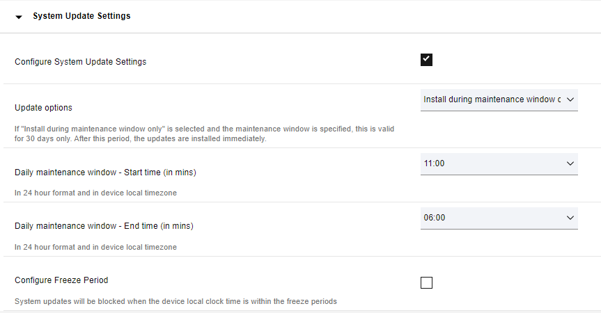 This is a screenshot of configuring the System Update Settings for the Android Default Policy.