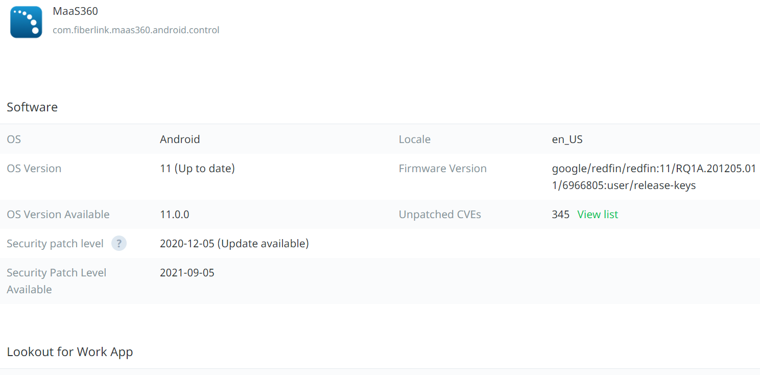 This is a screenshot with an example of the information Lookout MES can display for device firmware.