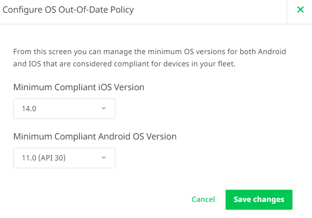 This is a screenshot of setting the minimum compliant iOS and Android OS versions for a Lookout MES security protection rule.