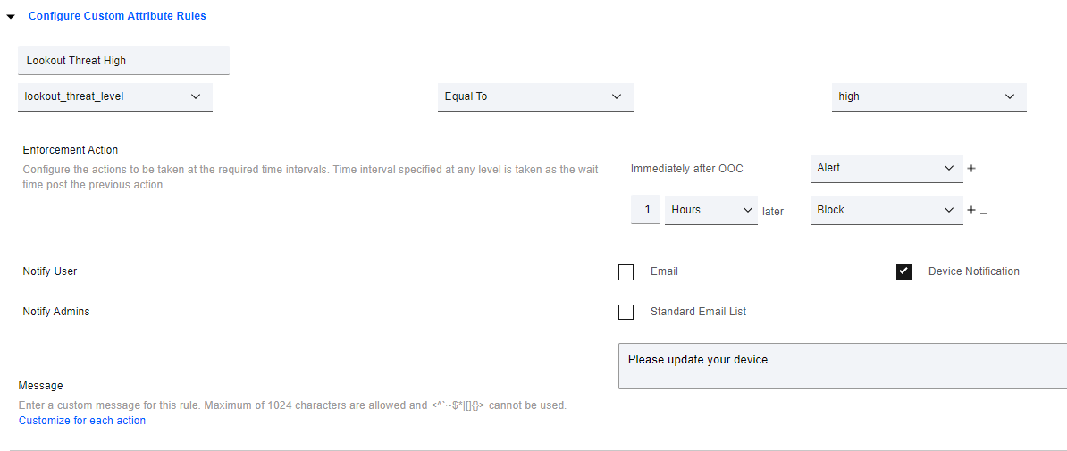 This is a screenshot of the enforcement action selected for a security compliance rule.