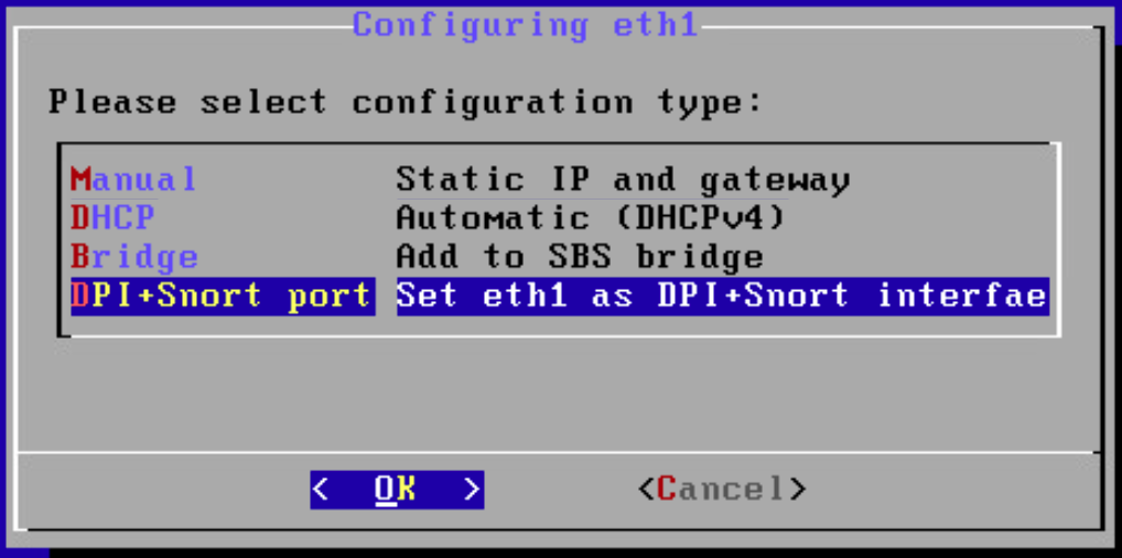Configuration for eth1 port. Selecting DPI+Snort port will enable monitoring on the correct port.