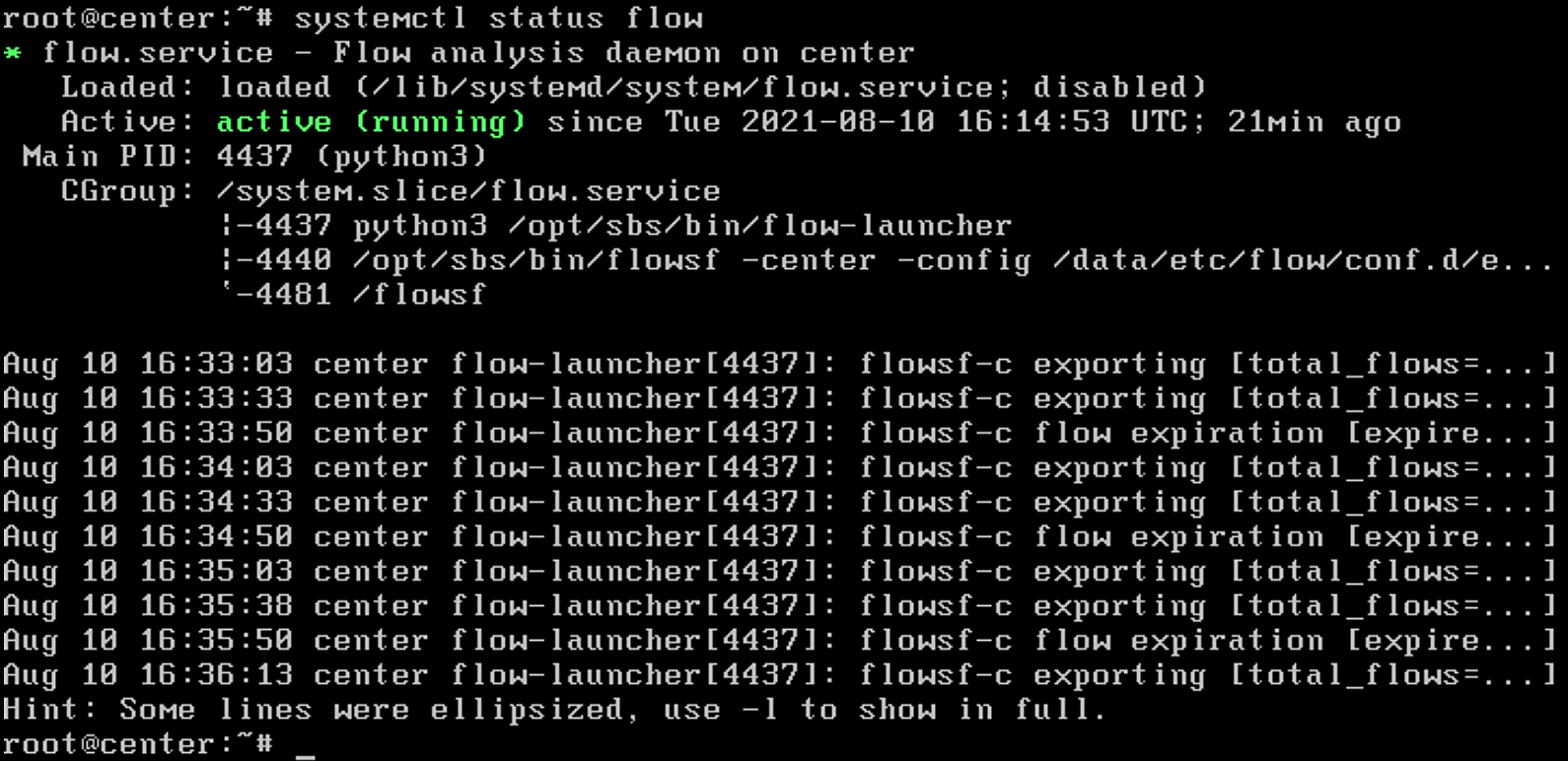 Confirmation of system service running and being active.