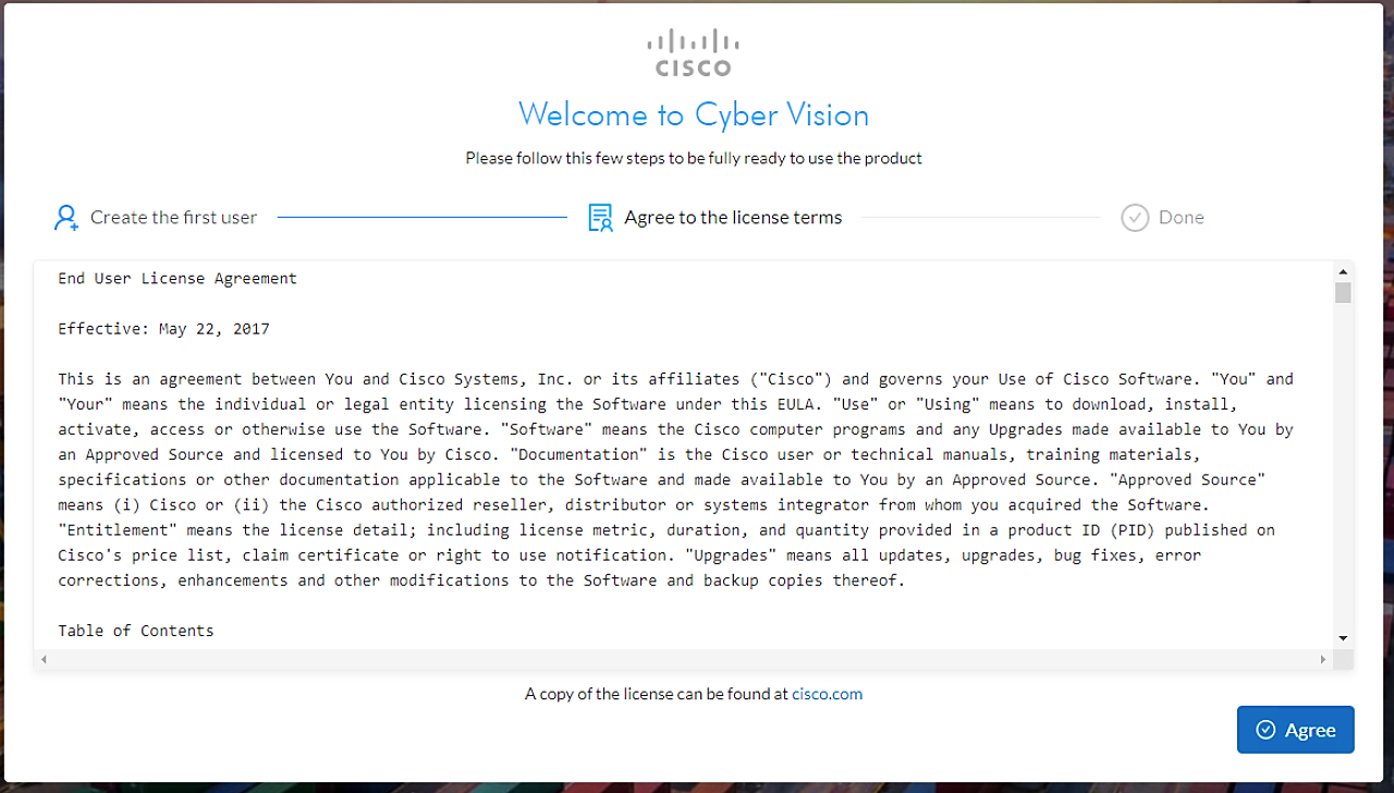 Screenshot of Cisco Cyber Vision license agreement page.