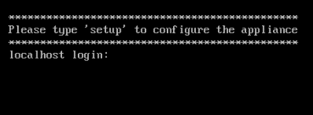 Initial installation login. Type setup to start configuration.