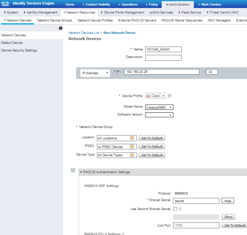 Configuration settings for adding a new network device to Cisco ISE.