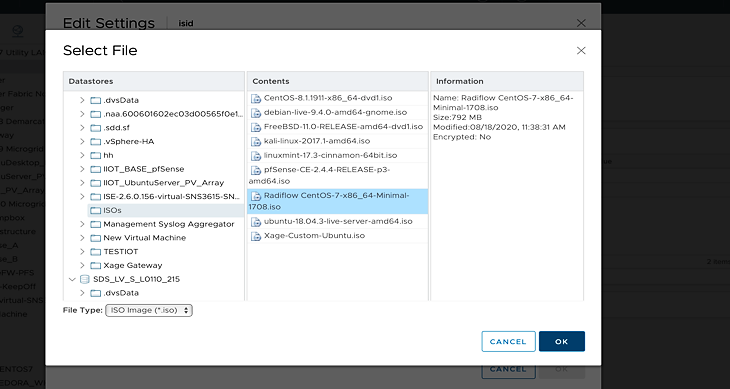 A screenshot for selecting the Radiflow VM using CentOS 1708 minimal from their user interface.