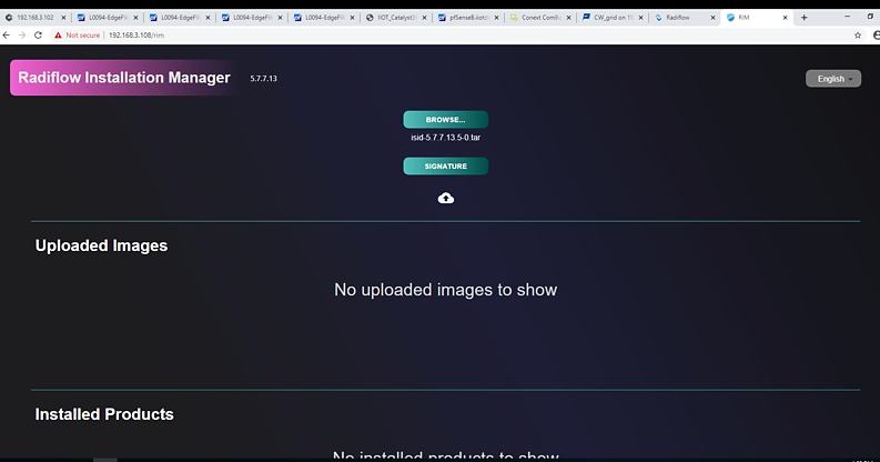 A screenshot of the Radiflow Installation Manager browsing for isid-5.7.7.13.5-0.tar