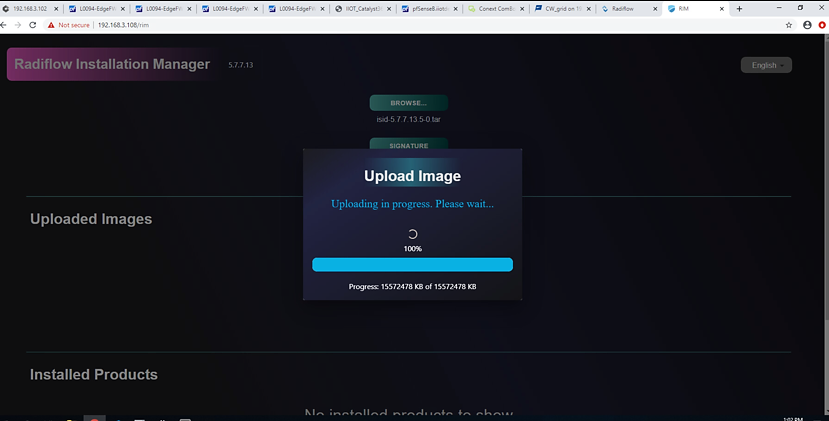 A screenshot of the Radiflow Installation Manager uploading image.