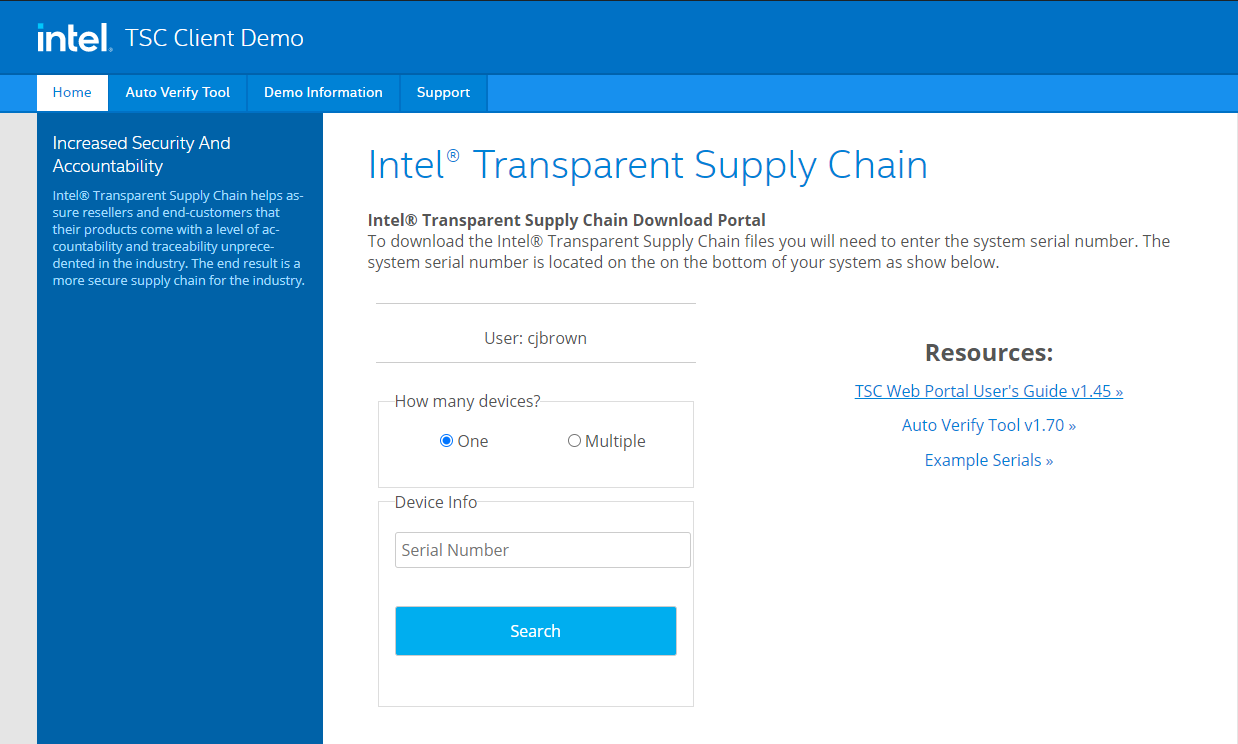 This figure is a screenshot showing the web interface for the Intel Transparent Supply Chain platform's download portal.