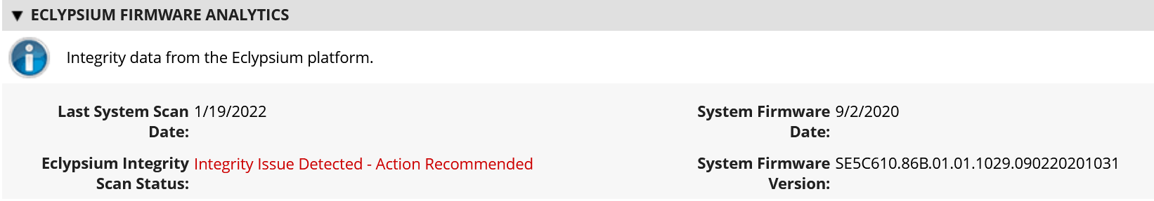 This screenshot shows an example of updating an asset record with system firmware data.