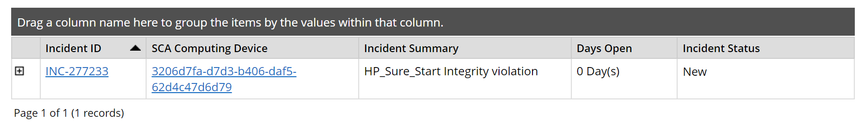 This is a screenshot of an incident tracking record associated with a computing device.