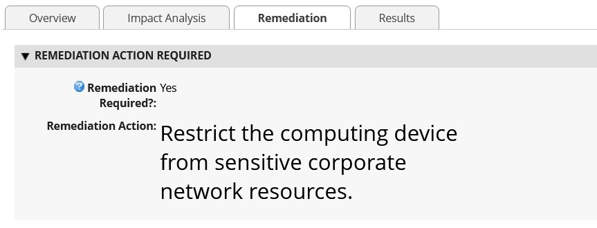 This screenshot shows an example of remediation actions from an incident summary.