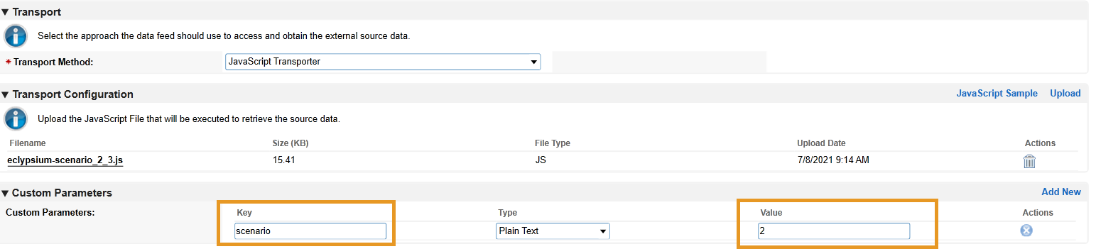 Screenshot of setting custom parameters in the Data Feed Manager