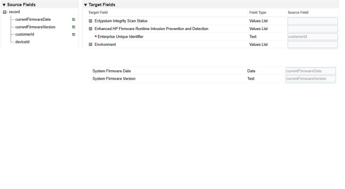 Screenshot of setting the Source Fields and Target Fields values in the Data Feed Manager