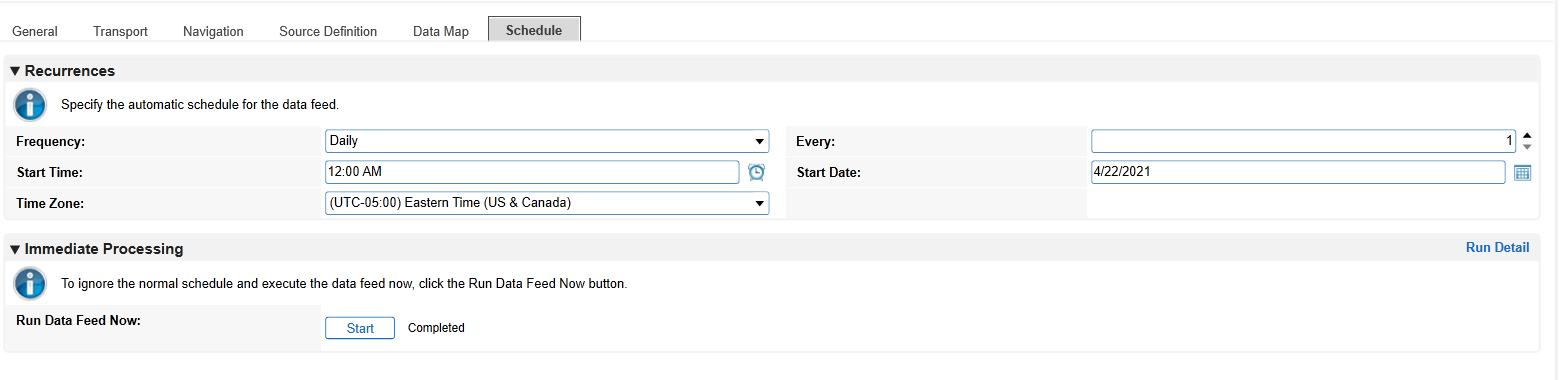 Screenshot of setting schedule options in the Data Feed Manager