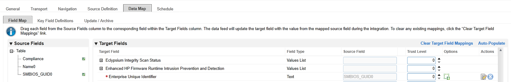 Screenshot of the Field Map sub-tab in the Data Map tab in the Data Feed Manager