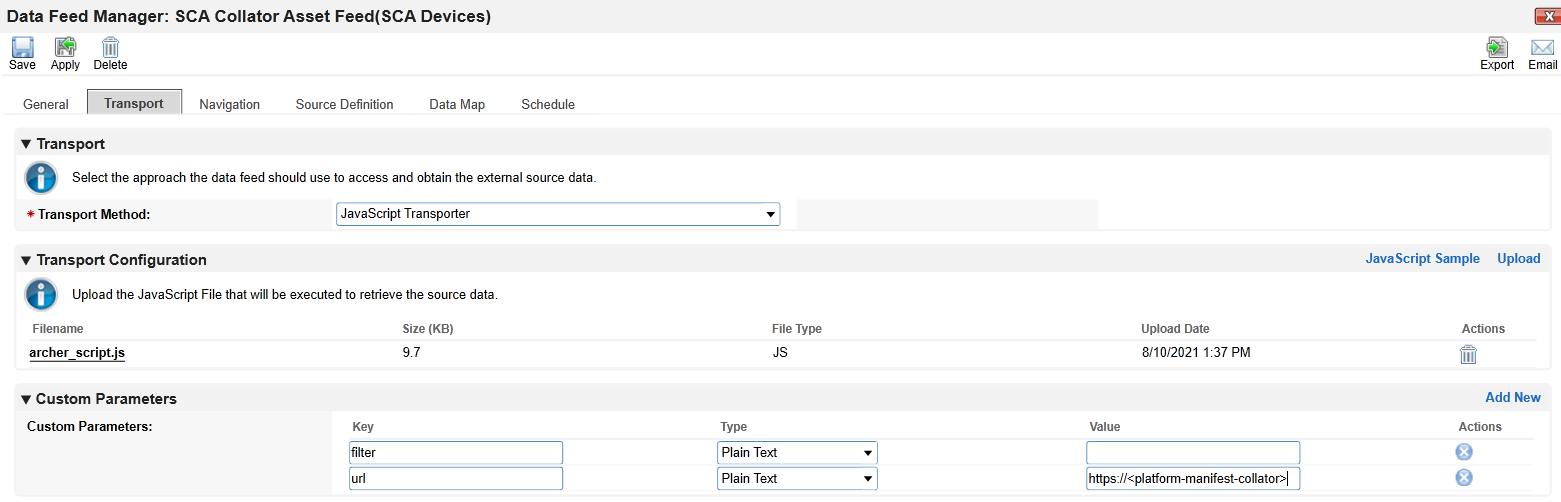 Screenshot of settings for the Transport tab in the Data Feed Manager