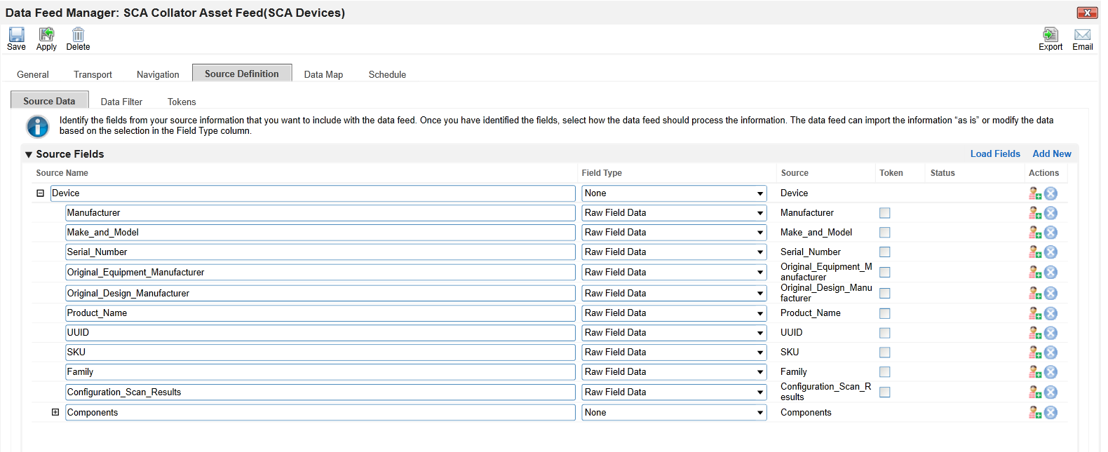 Screenshot of the Source Data sub-tab in the Source Definition tab in the Data Feed Manager