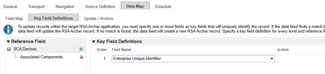 Screenshot of Key Field Definition in the Key Field Definitions sub-tab in the Data Map tab in the Data Feed Manager