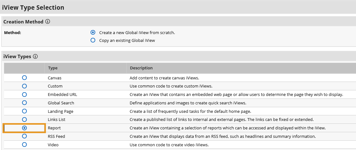 Screenshot of selecting an iView type for a new report