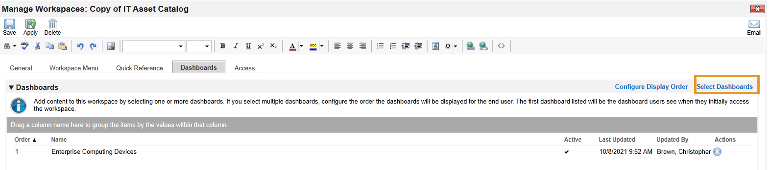 Screenshot showing how to select dashboards from the Dashboards tab
