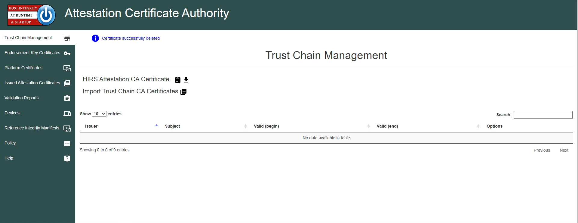 Screenshot of Trust Chain Management within the HIRS ACA web portal