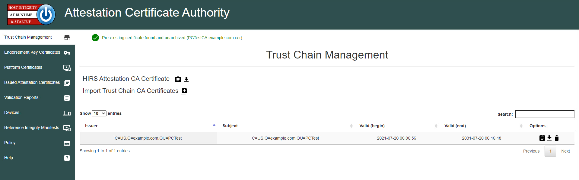 Screenshot of displaying a list of trust chain certificates under the Trust Chain Management tab on the HIRS ACA web portal