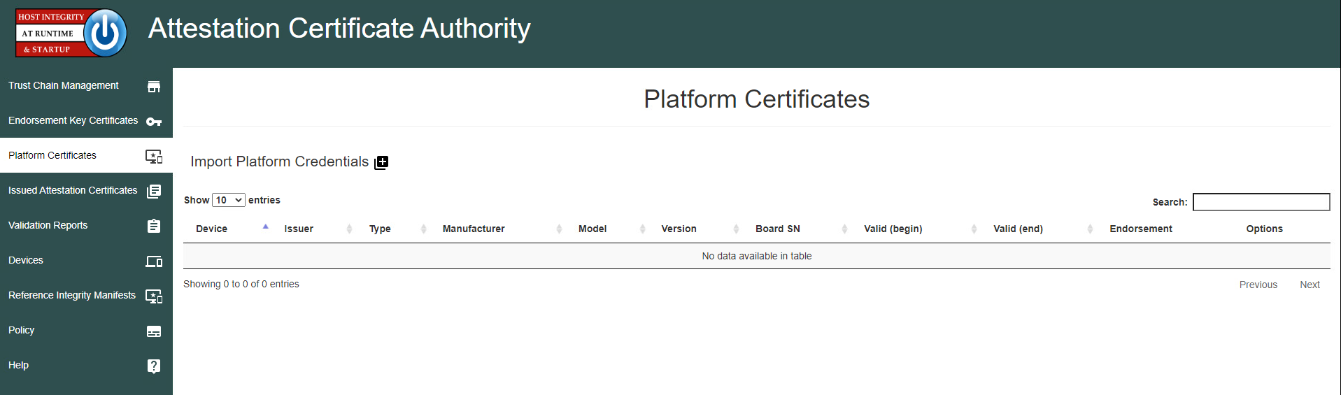 Screenshot of the Import Platform Credentials screen on the HIRS ACA web portal