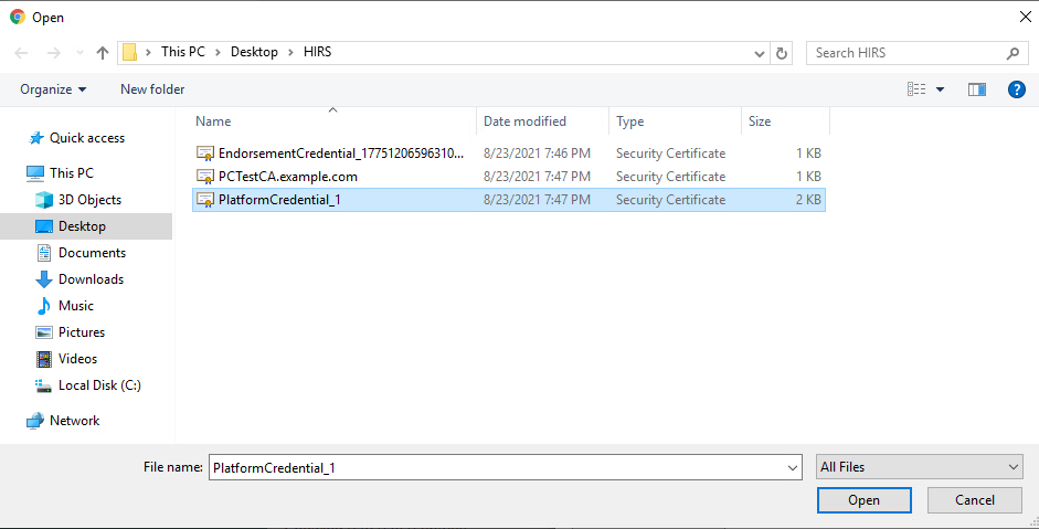 Screenshot of selecting a local platform certificate to import