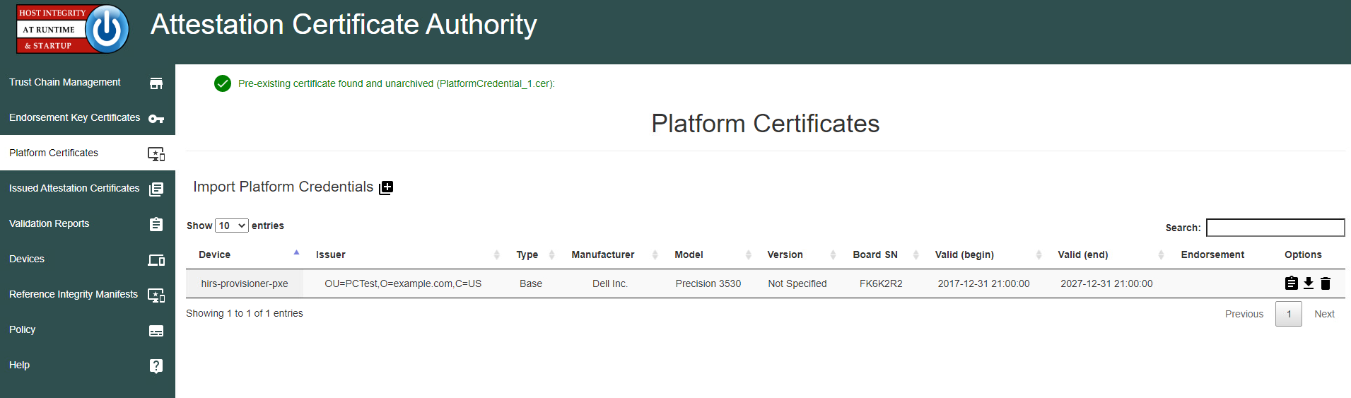 Screenshot of displaying a list of platform certificates under the Platform Certificates tab on the HIRS ACA web portal