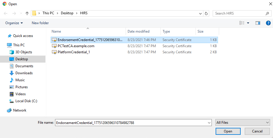 Screenshot of specifying a local file to import for endorsement key credentials